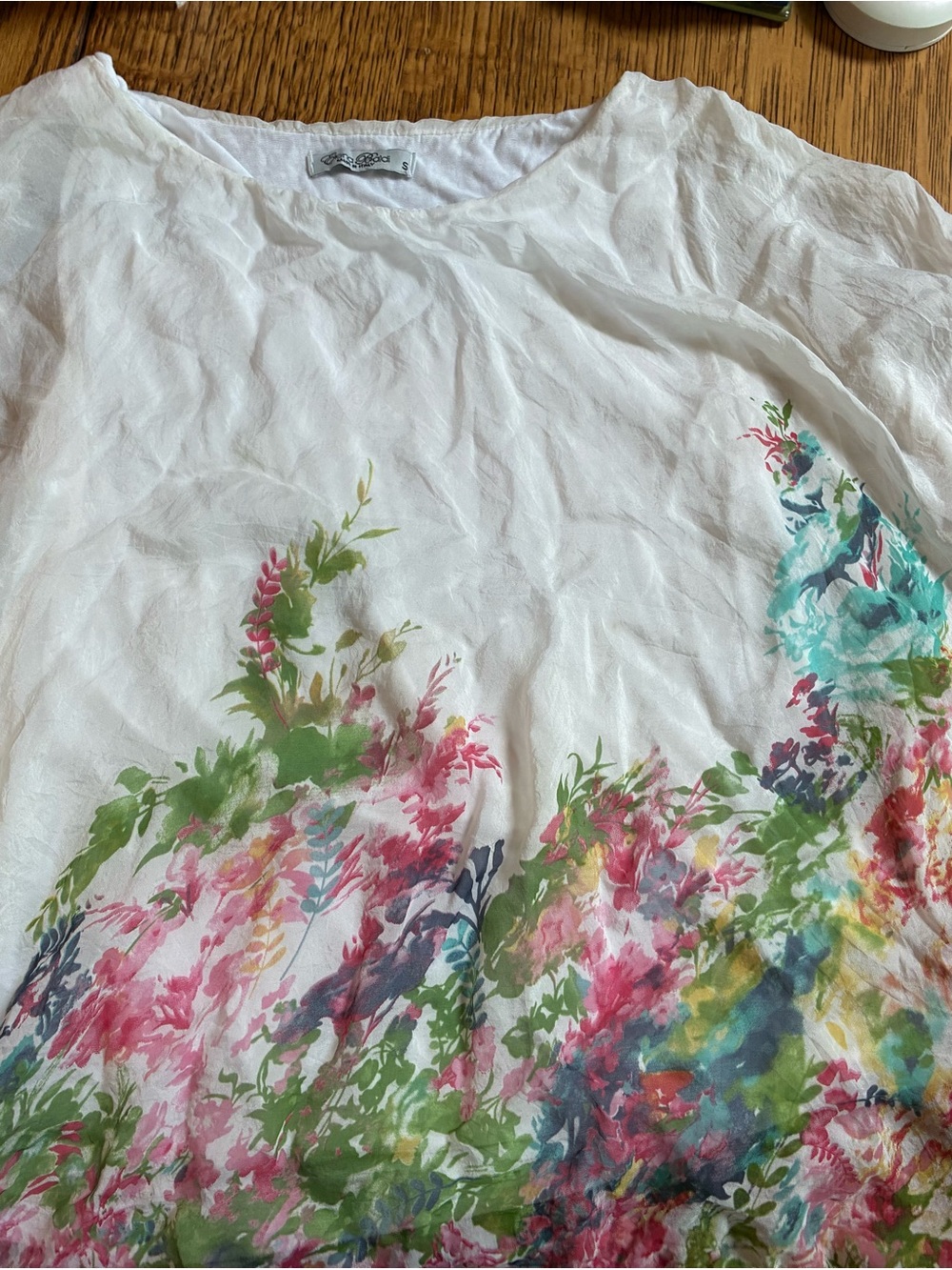 Floral Watercolor Scoop Neck Women's Top - White Elena Baldi Silk